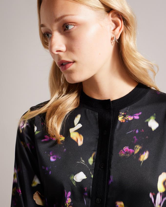 Cardigan Ted Baker Floral Satin Front Noir Femme | HGF-63361016